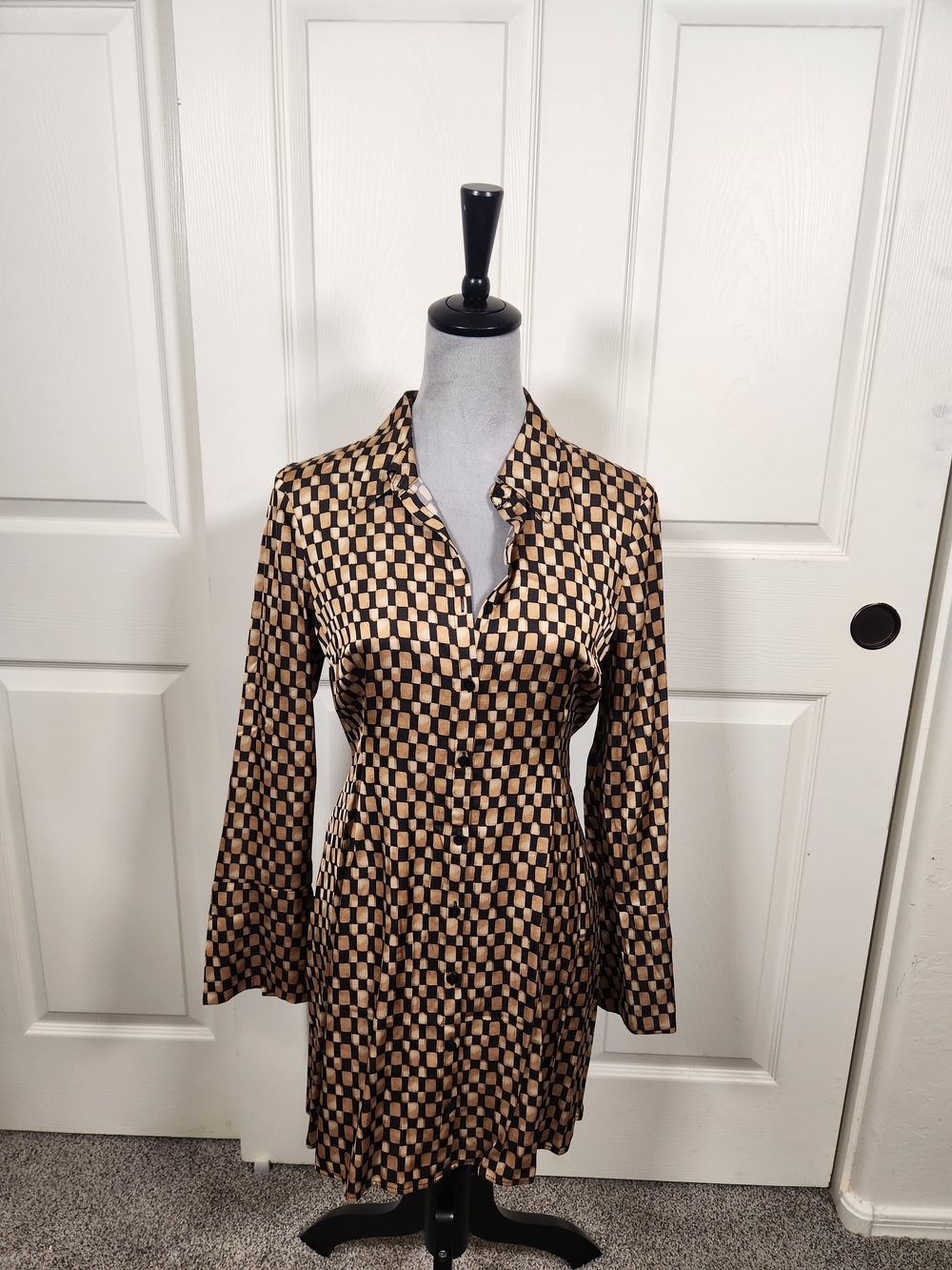 Abercrombie & Fitch Brown and Black Checkerboard Long-Sleeve Dress